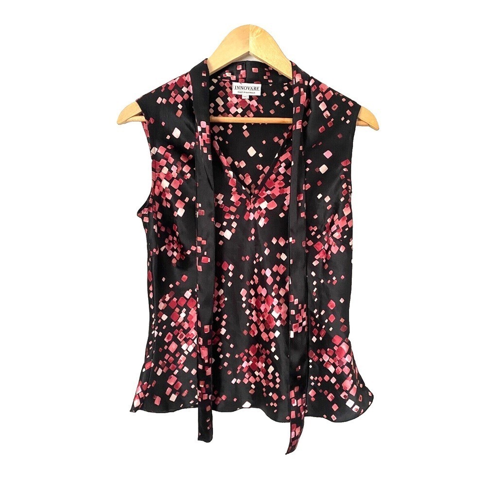 Vintage Innovare Satin Black & Pink Sleeveless Blouse Tie Notched Collar Size 6